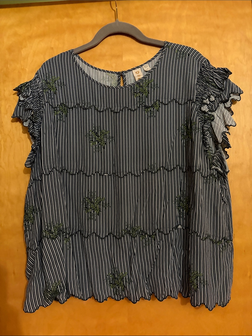 Dolan Navy and White Striped Ruffle Sleeve Blouse with Green Embroidery